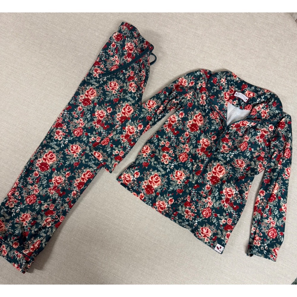 Sweet Honey Kids Floral Pajama Set Teal Red Rose Button Down Fleece Sleepwear